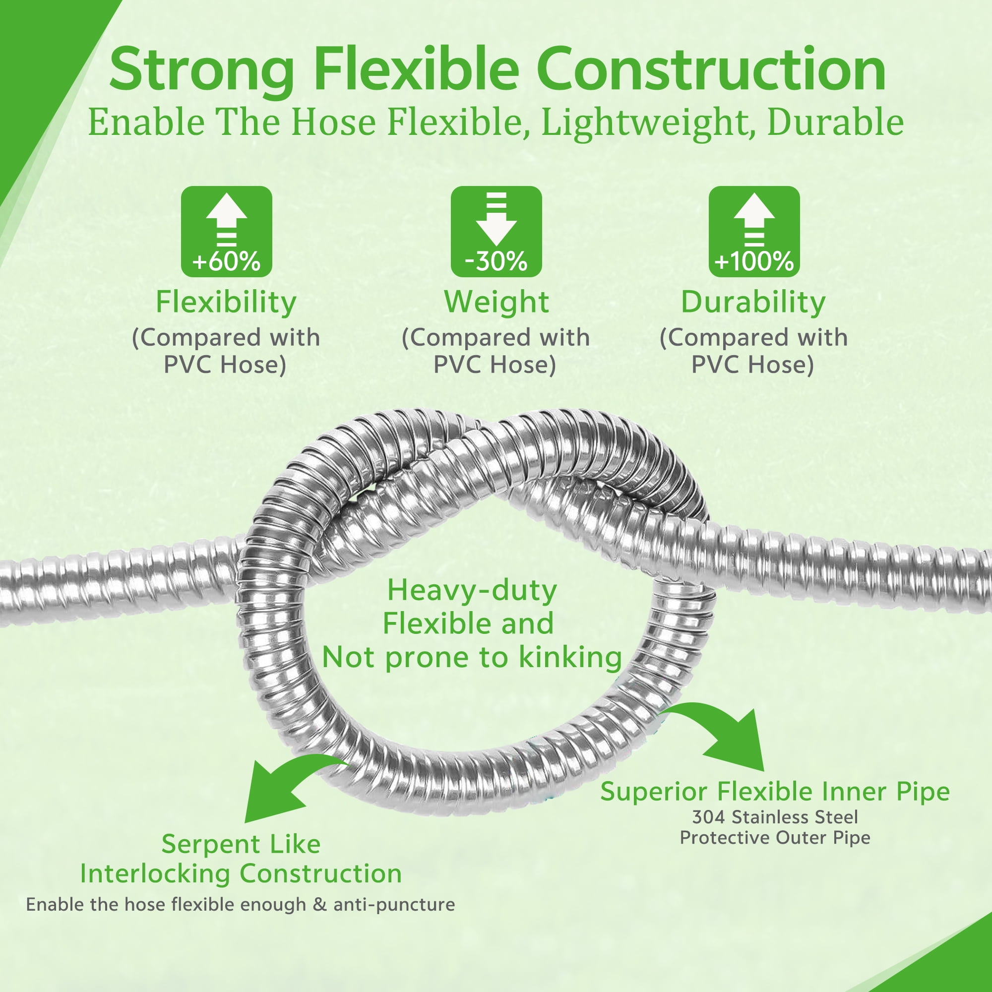 75ft 304 Stainless Steel Garden Hose Flexible Lightweight Out-layer Over Metal Water Hoses with Nozzle for Watering Garden Patio