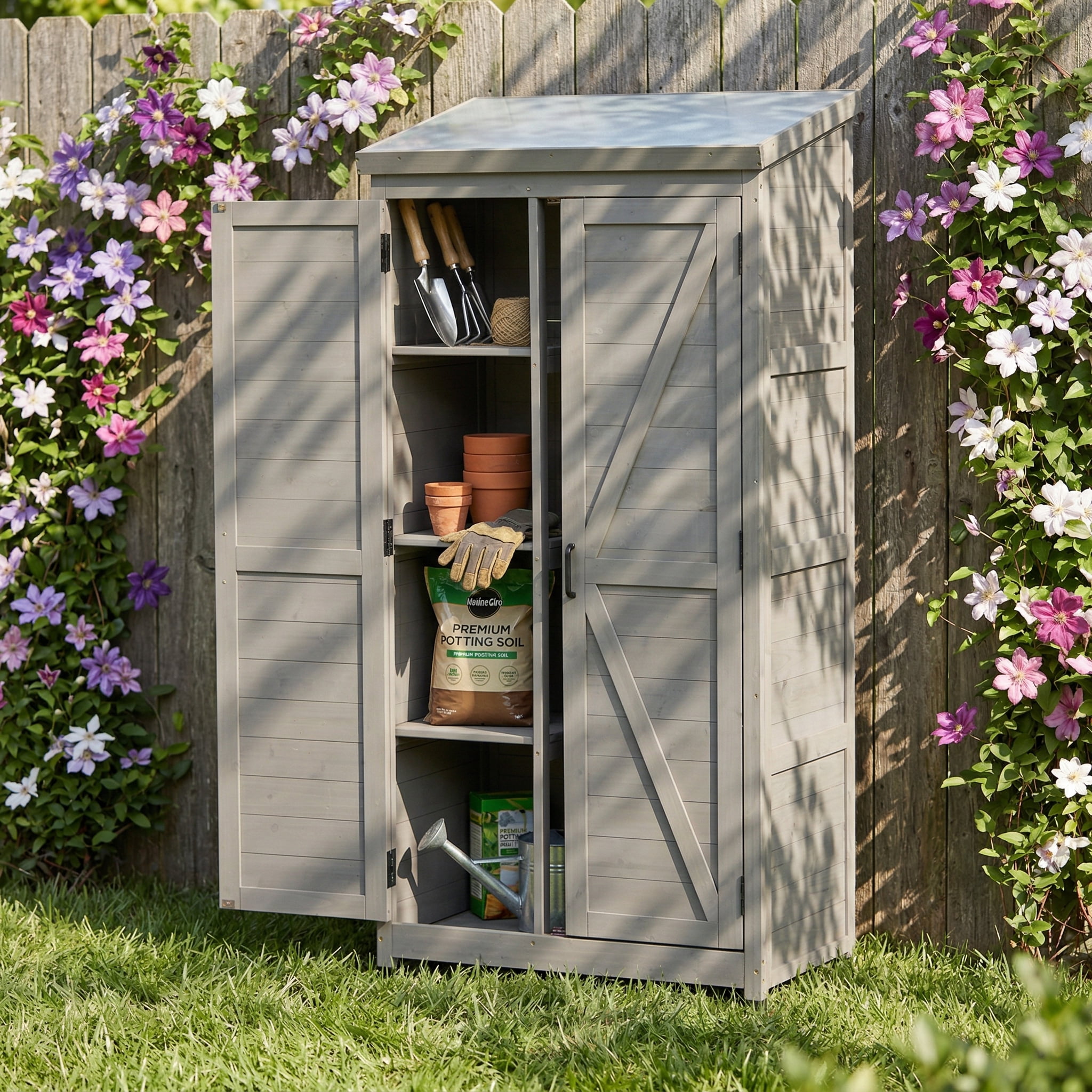 Outdoor Wooden Storage Shed, Metal Top Tall Vertical Tool Cabinet for Backyard Garden Patio Lawn Utility Storage, Grey