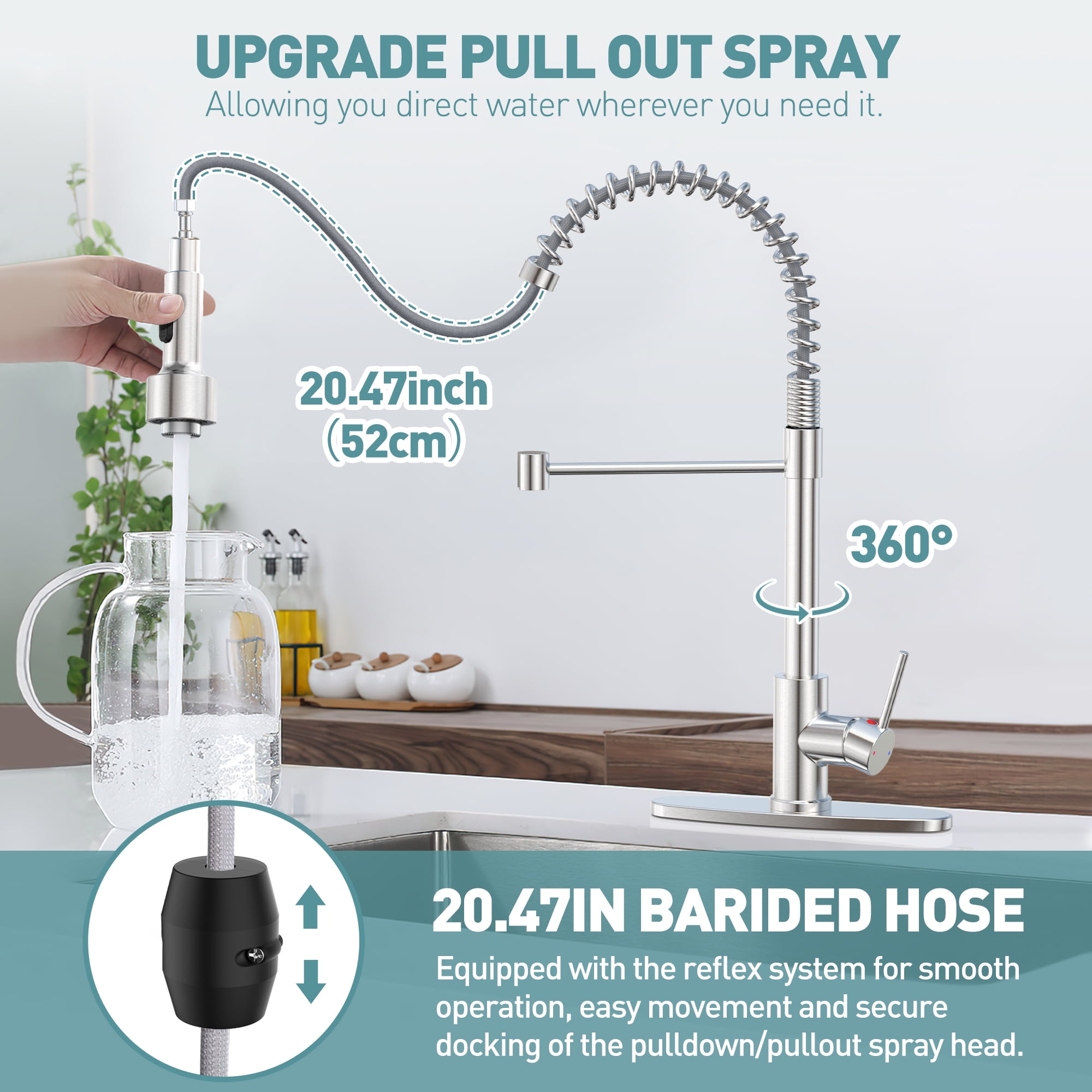 GPED Kitchen Faucet with Pull Down Sprayer, Single Handle Spring Kitchen Sink Faucet w/ 3-Modes LED Light, SUS304 Stainless Steel, High Arc Sink Faucet with Deck Plate & Water pipes for Rv, Laundry