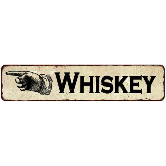 Whiskey Right Hand Pointer Distressed Metal Sign Chic Décor 4x18 204180006026