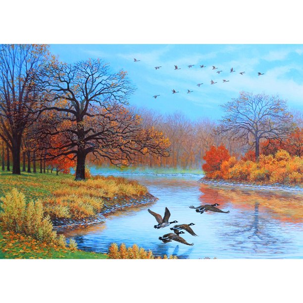Pintura de diamantes (DE1573) 5D DIY otoño gansos voladores Kit de diamantes de imitación artesanía redonda completa 30x40cm Hugtrwg Para estrenar