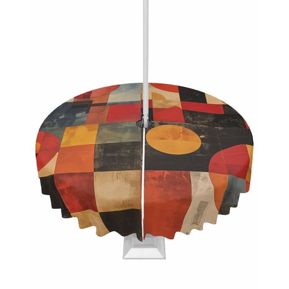Boanket Outdoor Tablecloth with Umbrella Hole for Patio/Picnic/Party/Camping, Red Orange Black Geometric Waterproof Table Cloth Round Cover Washable, Vintage Oil Painting Art (Dia 54")