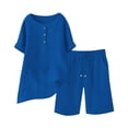 thumbnail image 4 of Women's Half Placket V Neck 3/4 Sleeve Top Drawstring Pocket Bermuda Shorts 2 Piece Outfit, Solid Summer Beach Casual Matching Set Blue XXXXXL(XXXXXL), 4 of 7