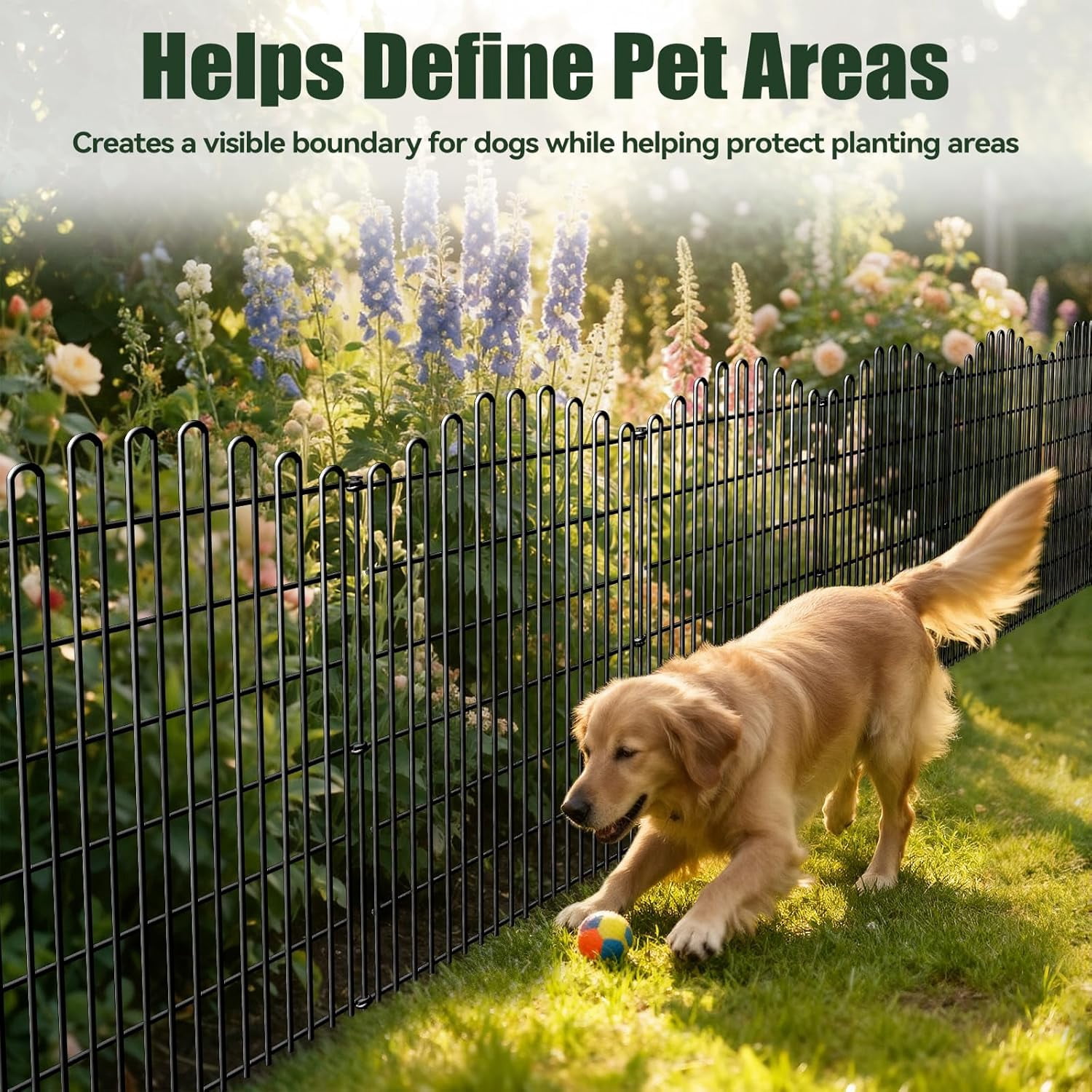 No Dig Decorative Garden Fence Panels, 5 Pack 33in H x 11.8ft L Metal Animal Barrier Dog Fence with 41in Stakes, 12in In-Ground Depth, Rustproof Picket-Style for Yard