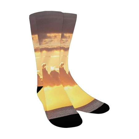 

Ocean Decor A Boat in the Ocean and Cloudy Sky at Beautiful Sunset Digital Image Grey and Marigold Custom Socks for Women