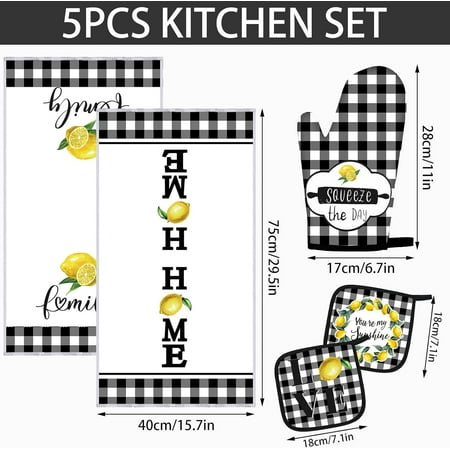 MHAWBL-5 Pieces Buffalo Plaid Kitchen Towels Oven Mitts and Pot Holder Set Black and White Kitchen Towels Oven Gloves Hot Pads Pot Holders for Farm House Accessories Decor(Lemon)