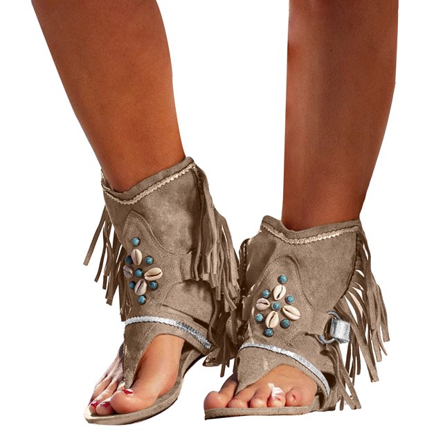 Sandales de Plage à Franges pour Femmes, Bottines Boho Plage Décontractées, Larges, Mi-Mollet, Compensées