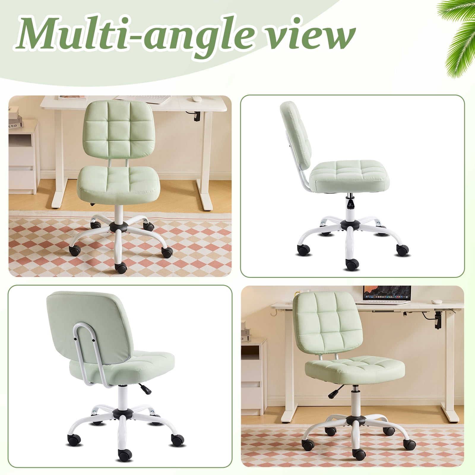 Ktaxon Armless Office Chair with Star Base PU Swivel Task Chair with 9-Grid Design for Study Room or Dressing Area Green