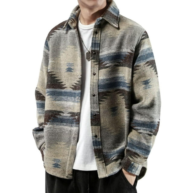 Camisa Shacket FindThy de franela cepillada con estampado azteca para hombre