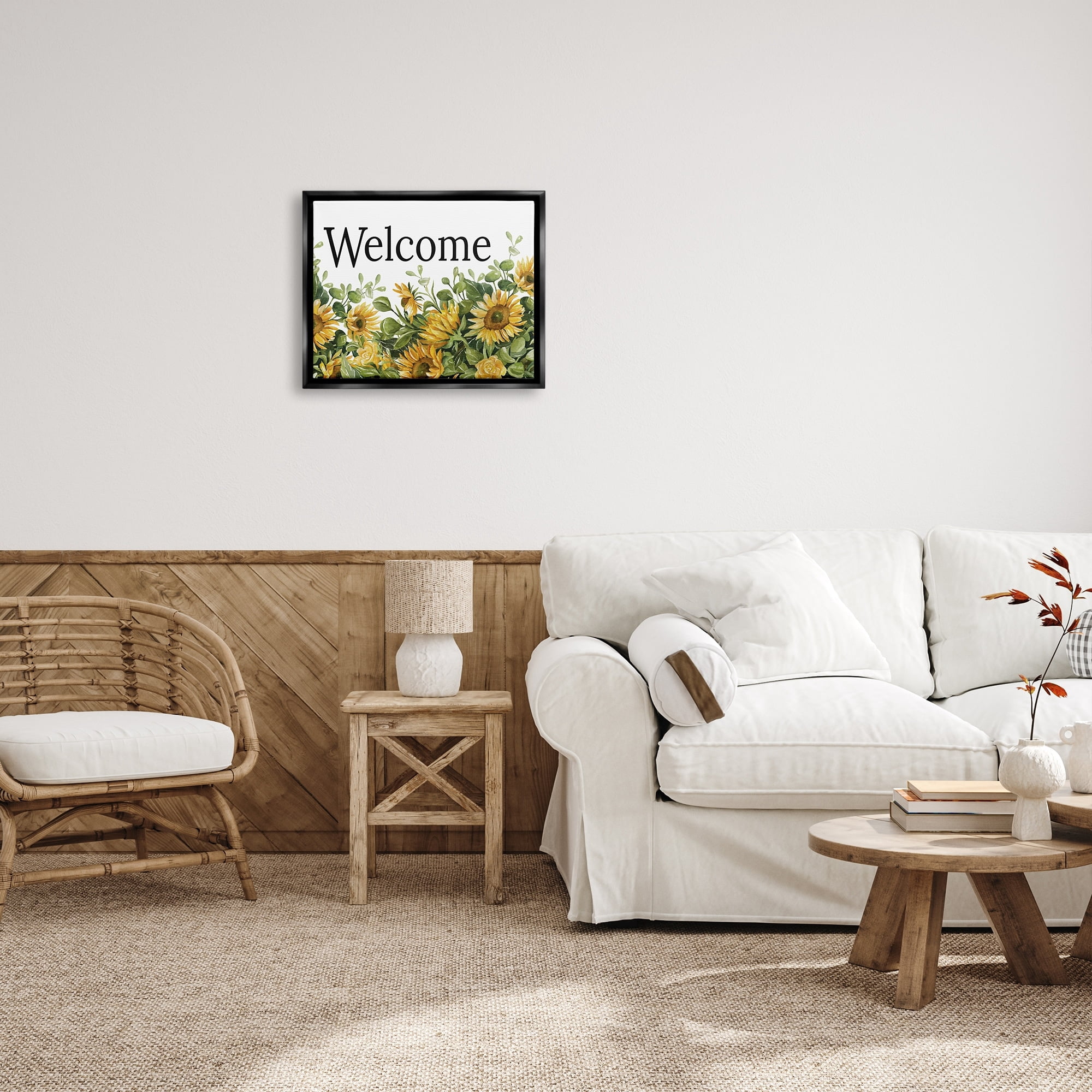 Stupell Industries Welcome Typography Sign Blooming Sunflower Field Graphic Art Jet Black Floating Framed Canvas Print Wall Art, Design by Cindy Jacobs