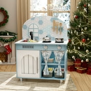 Pirecart Kids Play Kitchen Set, Toddler Pretend Play kitchen with Cooking Accessories and Clicking Knobs, Wooden Play Kitchen for Age 3+, Blue
