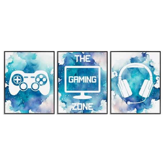 Blue Gamer Splatters 3 Piece Black Framed Giclee Art Set, design by Marcus Prime