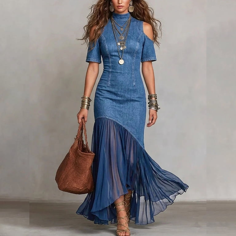 ladies summer denim dress Xiaocha for Women Cold Shoulder High Neck Vintage Sheer Evening Maxi Dresses, Women's, Size: Large, Blue it features a ruched waist for a lovely silhouette Summer Skies Denim Midi Dress