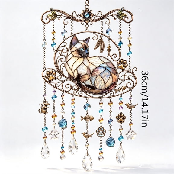 Stained Glass Cat Wind Chime, Bohemian Acrylic Suncatcher Wind Chime, Garden Chimes Window Light Catcher for Garden Porch Patio Balcony Tree Yard (1PC, B)