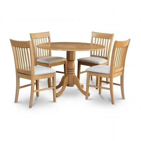 East West Furniture DLNO5-OAK-C 5PC Kitchen Round Table with 2 Drop Leaves and 4 Slatted-back Chairs with Microfiber Upholstered Seat