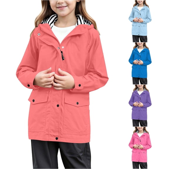 Ticikt Kids Hooded Rain Jacket, Stripe Lined Windproof Water Resistant Long Sleeve Outdoor Trench Coat,Watermelon Red