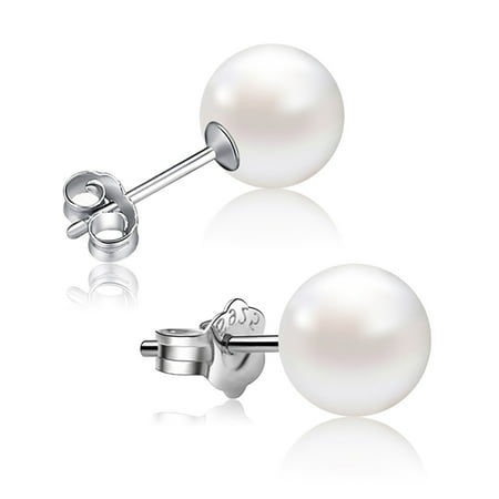 Sterling Silver 8mm White Round Freshwater Cultured Pearl Simple Stud Earrings - Handpicked AAA+