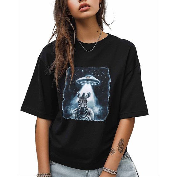 T Shirts for Women Short Sleeve Cotton Crewneck T-Shirt, Funny Zebra Spacecraft Tee Tops Casual Basic T-Shirts, XS-5XL Black 5XL