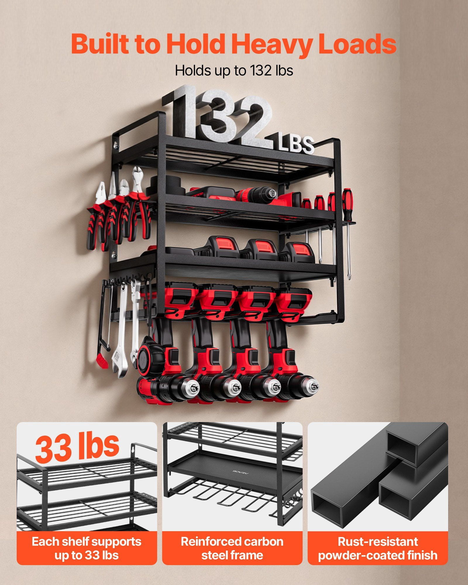 Power Tool Organizer Wall Mount, 4-Layer Storage Rack with 4 Drill Holders, Tools Holder and Storage Rack with Screwdriver Holder, Garage Tool Organizer for Garage, Workbench, and Workshop