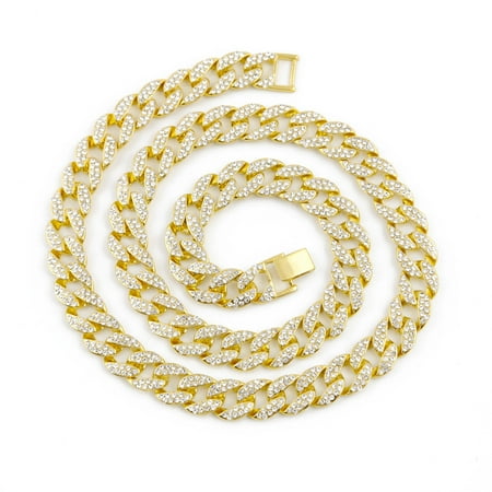 Gold Cuban Link Chain - iLH Mallroom Crystal Gold Finish Miami Cuban Link Chain Men Hip hop Necklace Jewelry