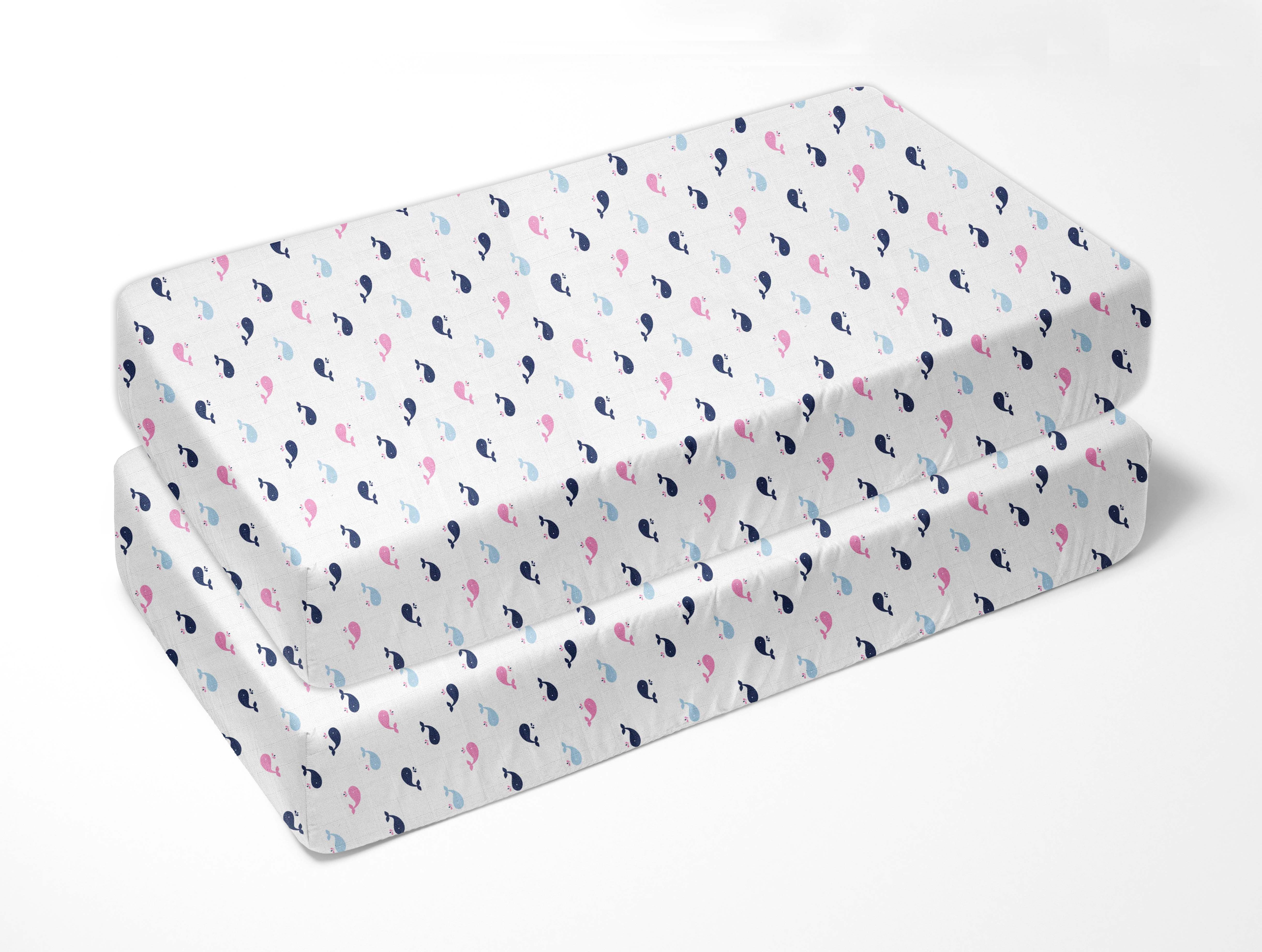 Bacati - Little Sailor Whales Girls Crib/Toddler Bed Fitted Sheets 100% Cotton Muslin 2 Pack, Pink/Navy