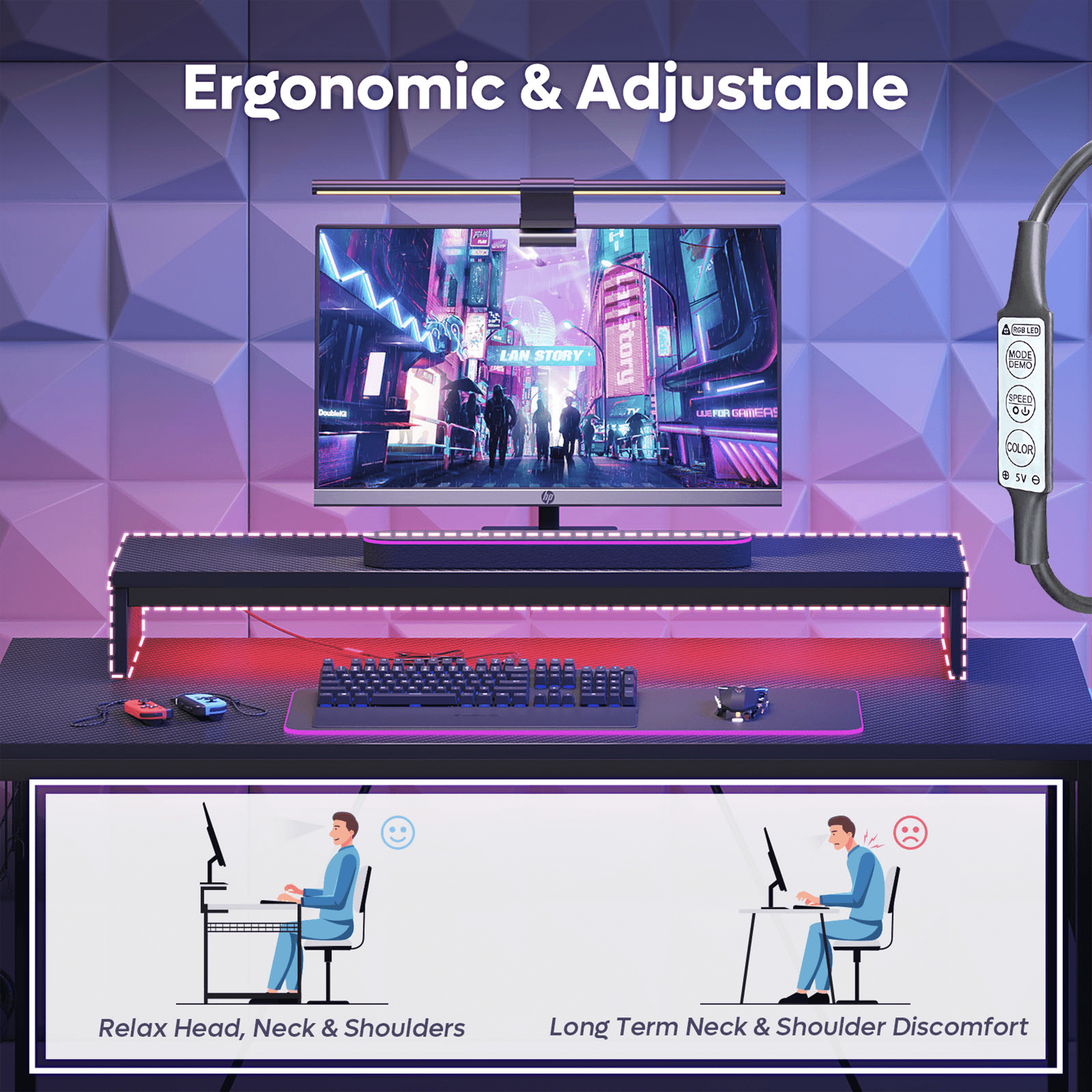 Bestier 41.7 inch Gaming Desk with LED Monitor Stand, Storage Pocket, Grid Side Frame, for Gaming Room and Home Office, Carbon Fiber Black