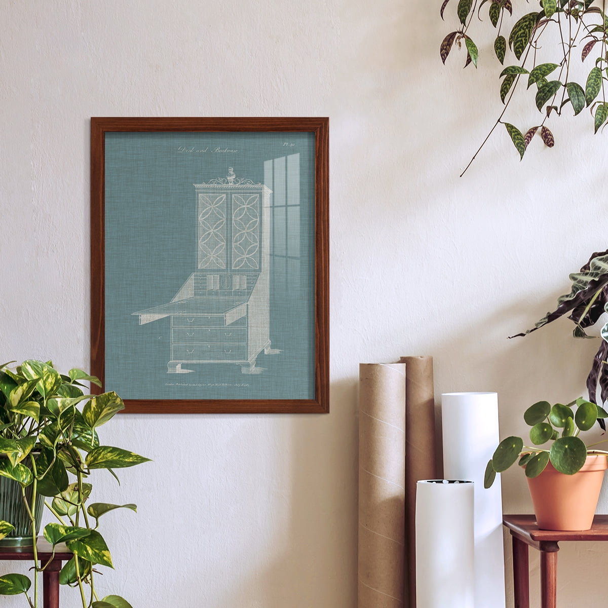 Hepplewhite Desk & Bookcase II - Framed Print w/glass - Chestnut