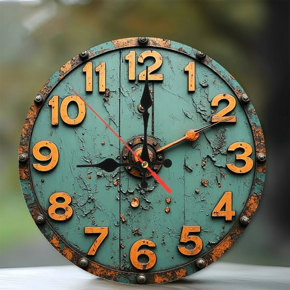 Vintage Wall Clock Rustic Teal Orange Numbers Home Decor 10-Inch Silent Wooden Wall Clock, Battery Operated (AA Batteries Not Included), Artistic Home Decor