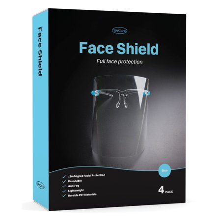 WeCare Face Shield Blue Eyeglasses Frame - Full Face Protection  Clear  No Fog  Comfortable  Lightweight  180-Degree Facial Protection - Pack of 4 (includes Cleaning Cloth)
