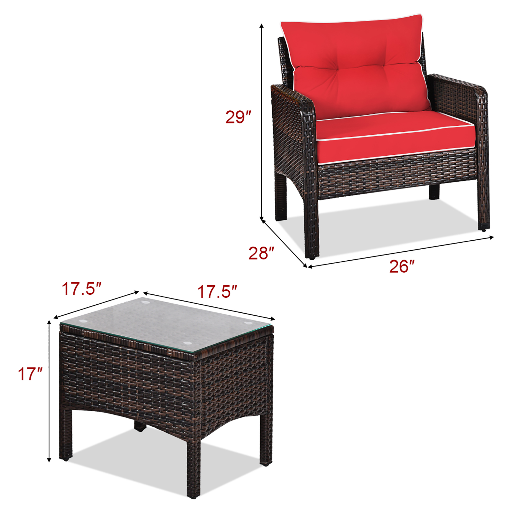 Costway 3PCS Outdoor Rattan Conversation Set Patio Furniture Cushioned Sofa Chair Red - image 3 of 9