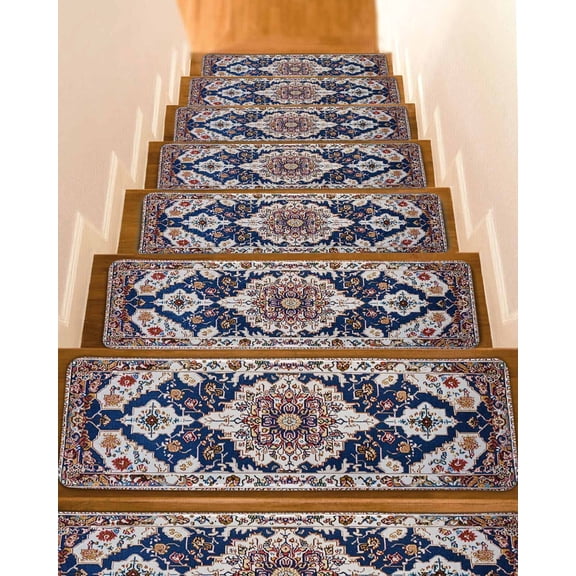 Bohemian Flower Pattern Non-Slip Stair Treads for Wooden Steps, 4 Pack 8x30 Inch Carpet Stair Mats with Adhesive Backing, Noise-Reducing Step Covers for Indoor Stairs, Easy to Install & Residue-Free