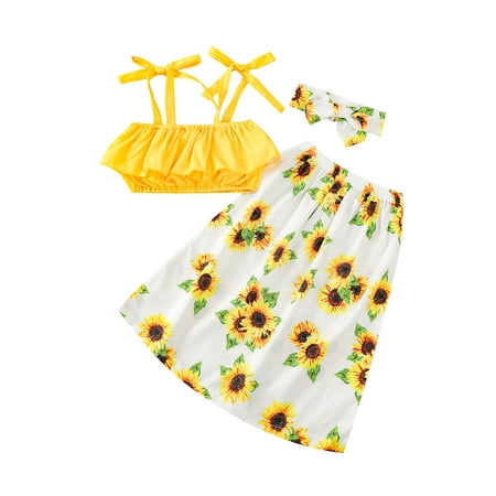 

DNDKILG Infant Baby Toddler Girls 2 Piece Clothes Set Short Sleeve T Shirts and Skirt Set Summer Floral Outfits with Yellow 6M-6Y 100