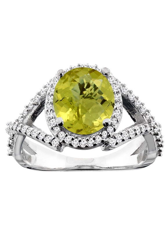14K White Gold Natural Lemon Quartz Ring Oval 9x7mm Diamond Accent, size 9