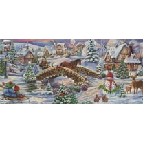 LPG Greetings Stone Bridge, Stream, Carriage, Snowman and Deer in Old Fashioned Village Long Glitter Collection Box of 14 Christmas Cards