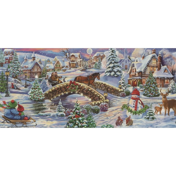 LPG Greetings Stone Bridge, Stream, Carriage, Snowman and Deer in Old Fashioned Village Long Glitter Collection Box of 14 Christmas Cards