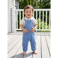 thumbnail image 3 of BemeyourBBs Baby Boy Summer Clothes Baptism Gentleman Church Outfit Plaid Short Sleeves Button Down Romper with Bowtie and Denim Bib Overalls Jumpsuit Front Pocket Suspender Pants Set, 3 of 9