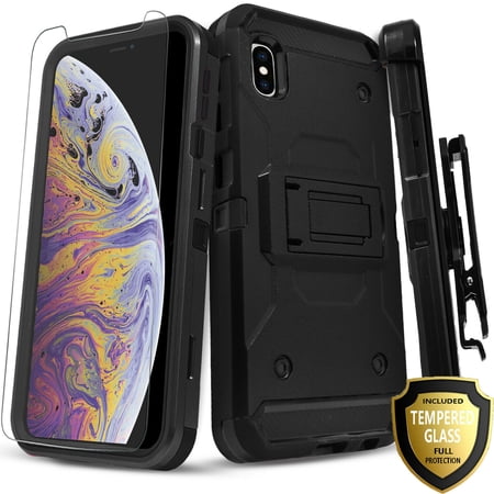 iPhone Xs Max Case, With [Tempered Glass Screen Protector Included], STARSHOP Full Cover Heavy Duty Dual Layers Phone Cover with Kickstand and Locking Belt Clip-Black