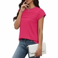 thumbnail image 1 of Craaazy Women's Relaxed Fit Crew Neck Blouse, Solid Color Short Sleeve Pleated Top, Loose Comfy Casual Tee for Spring & Summer Gifts, 1 of 7