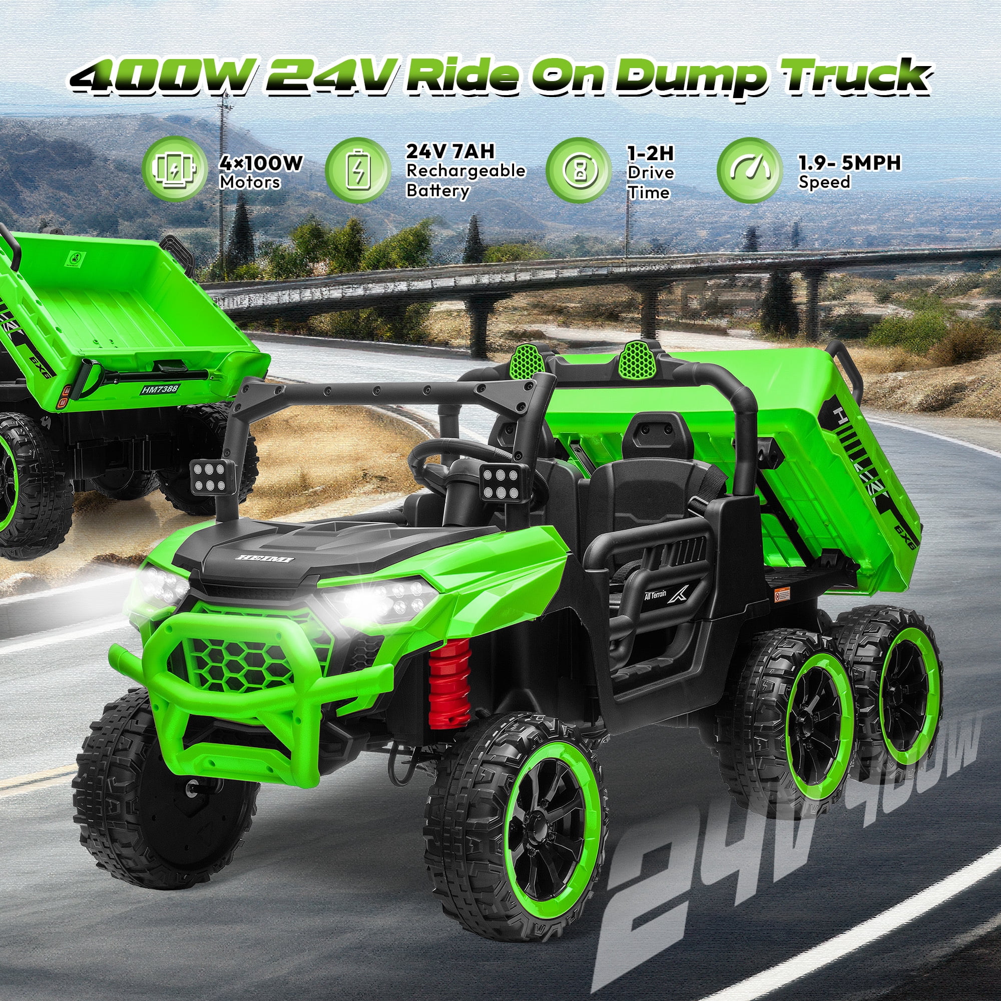 Letsgokid 24V 2-Seater Ride On Dump Truck with Remote Control, 4WD 6-Wheel Electric Car for Big Kids with Electric Dump Bed, 20in Seat, 400W Powerful Motor, LED Lights, Music, Ages 3+