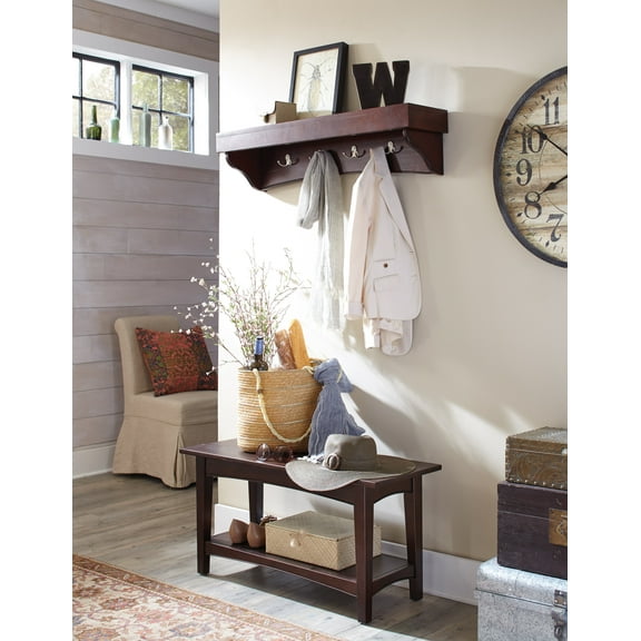 Alaterre Shaker Cottage Bench/Coat Hooks with Tray, Espresso