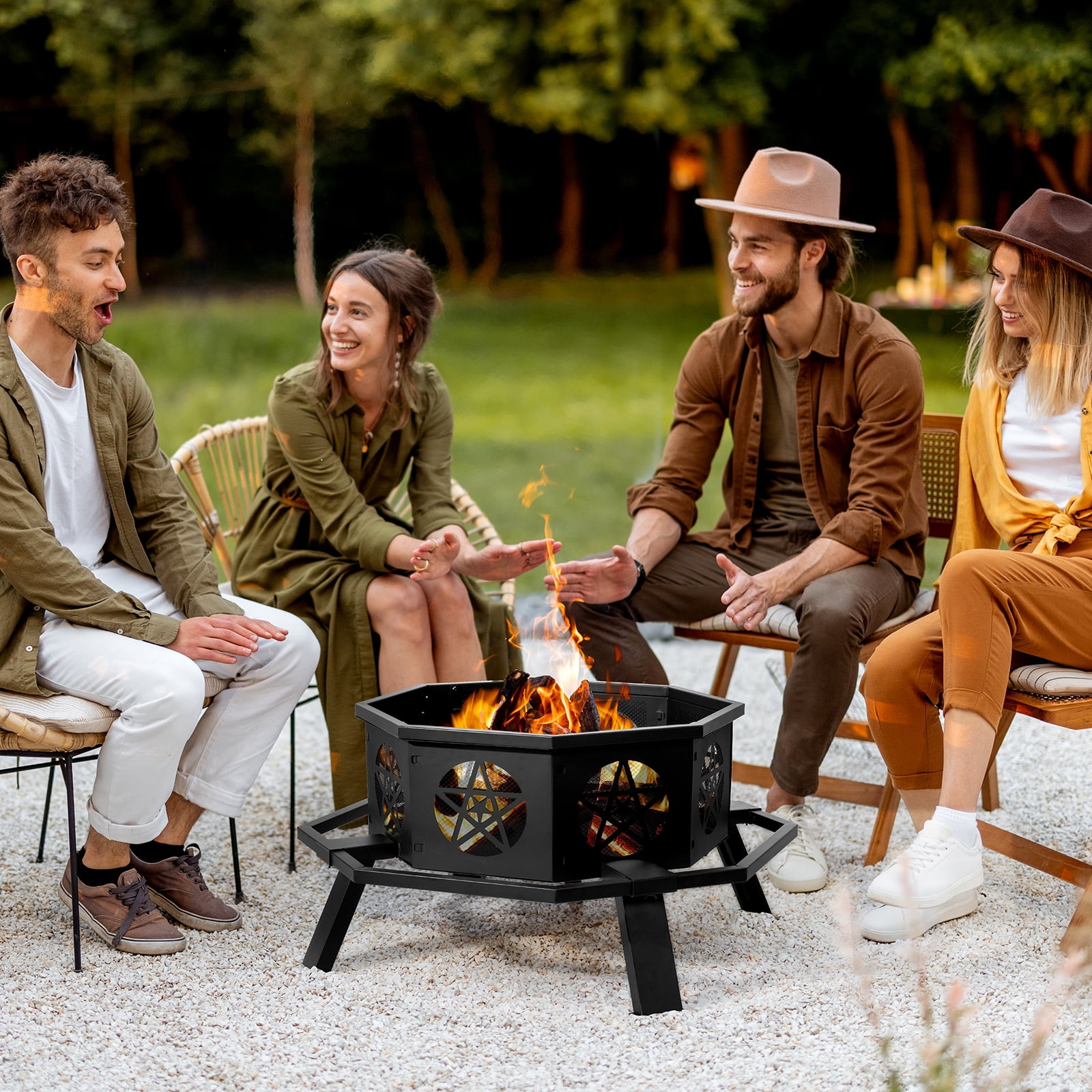 35" Fire Pit for Patio, HexShaped Steel Fire Pit with Flame-Retardant Lid, Outdoor Metal Fire Pit with Storage Shelf, Multifunctional Heater/Grill/Ice Pit for Backyard Patio Garden BBQ Grill, S7645