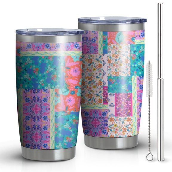 20oz Pioneer Tumbler Stainless Steel Vacuum Colorful Floral Insulated Travel Coffee Mug with Splash-Proof Lid Metal Straw White