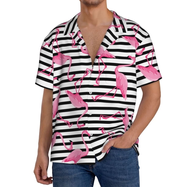 Fotbe Flamingos Camisa Estampada de Manga Corta para Hombre, Casual de Verano, Estilo Playero, Sin Arrugas-Large