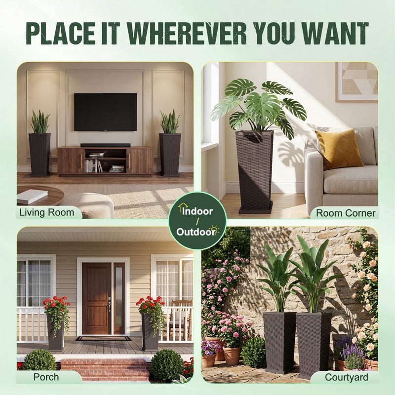 Homall 32" Tall Plastic Planter Set of 2 with Inside Pots, Drainages and Trays, for Outdoor and Indoor