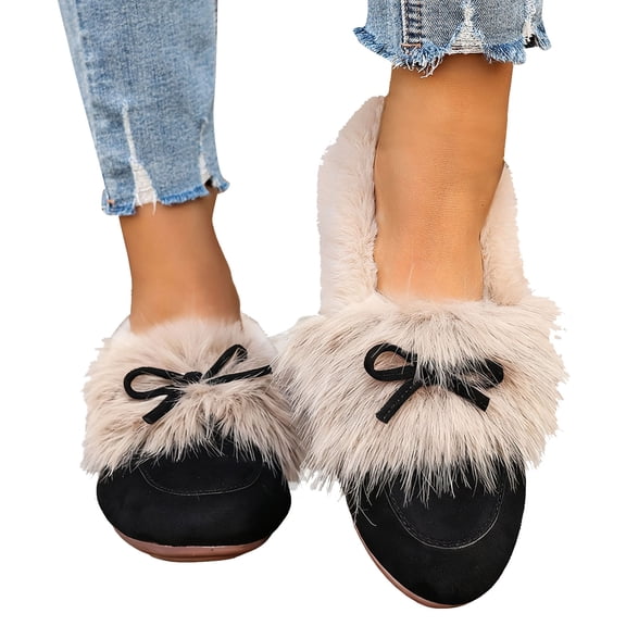 Rokment Womens Winter Snow Boots Fashion Bow Suede Fuzzy Slip on Ballet Flat Dress Walking Loafers Cozy Ankle Booties for Bride Wedding Black Size 6