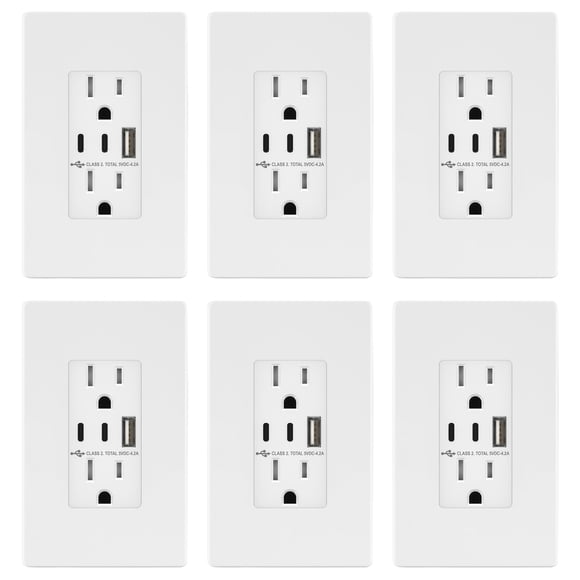 TOPGREENER 4.2A 21W 3-Port Type C USB Outlet, 15 Amp Receptacle Plug, Charging Power Outlet with Dual Type C&A Ports, Screwless Wall Plate Included,