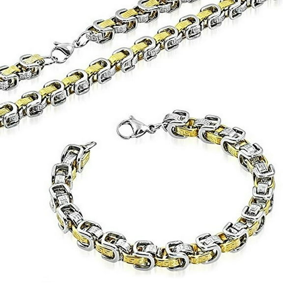 Stainless Steel Silver-Tone Yellow Gold-Tone Greek Key Necklace Bracelet Mens Jewelry Set