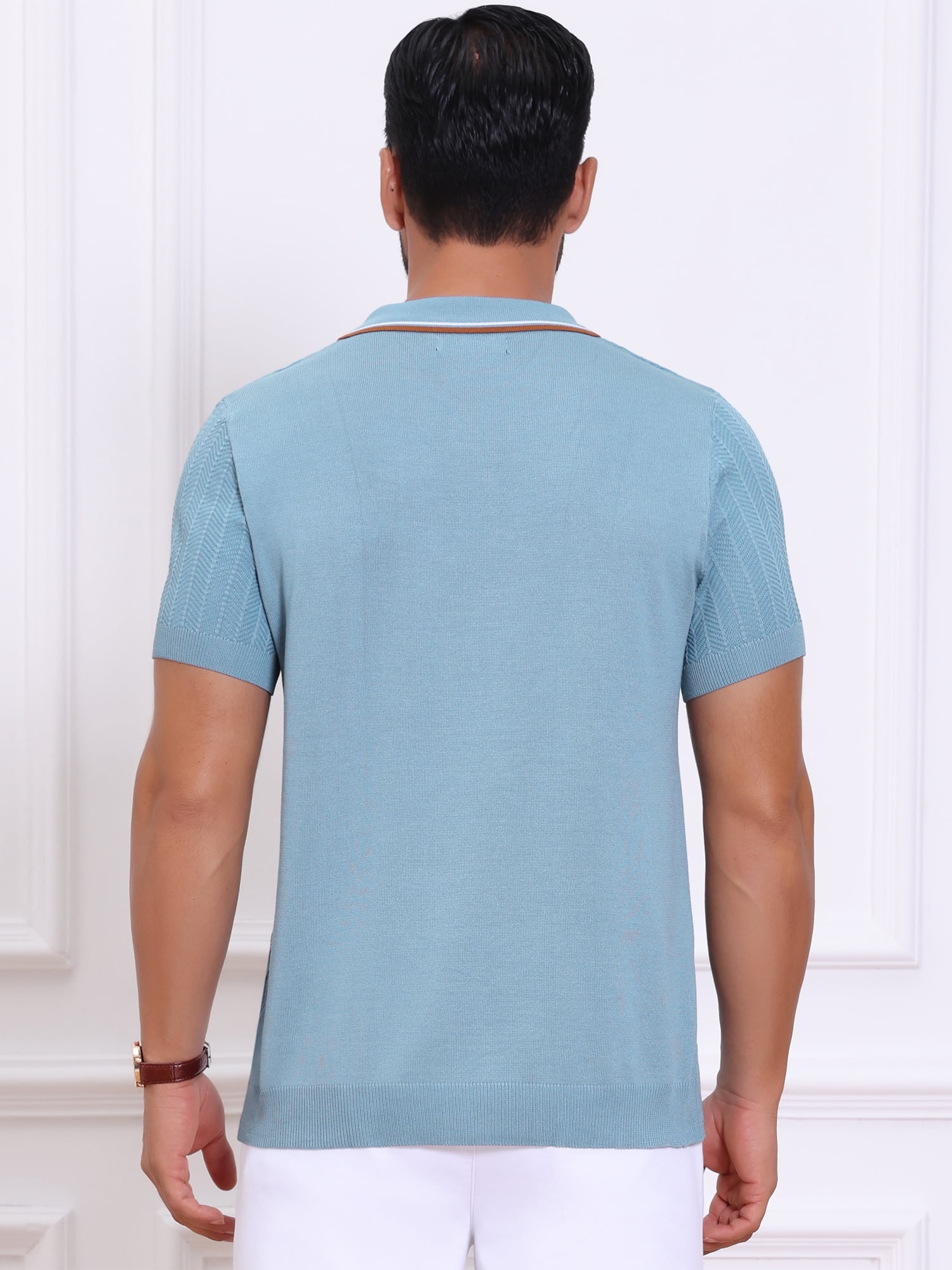 DARING DIVA Men's Knitted Ribbed Hem Short Sleeve Textured Golf Shirts L Light Blue