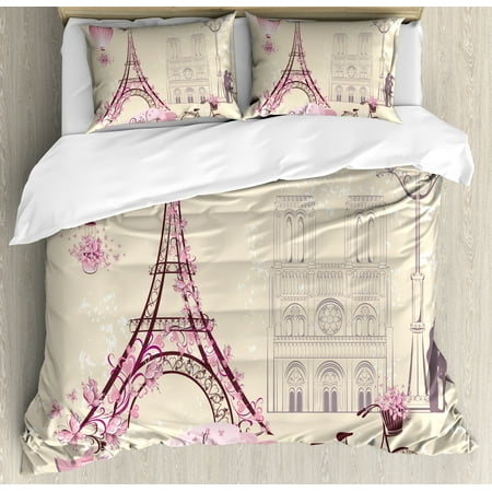 Kiss Queen Size Duvet Cover Set, Floral Paris Symbols Landmarks Eiffel Tower Hot Air Balloon Bicycle Romantic Couple, Decorative 3 Piece Bedding Set with 2 Pillow Shams, Ivory Pink, by (Best Bedding For Hot Climates)