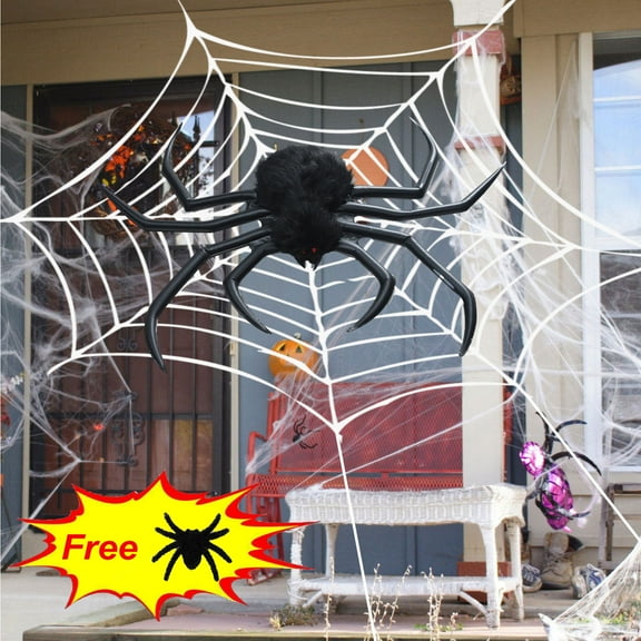 Suncoda Halloween Decorations, Halloween Spider Hairy Black Spider Scary Giant Spider Halloween Inflatable Spider for Home Party Holiday, Halloween Gifts(with Cobweb, Free Plush Spider)